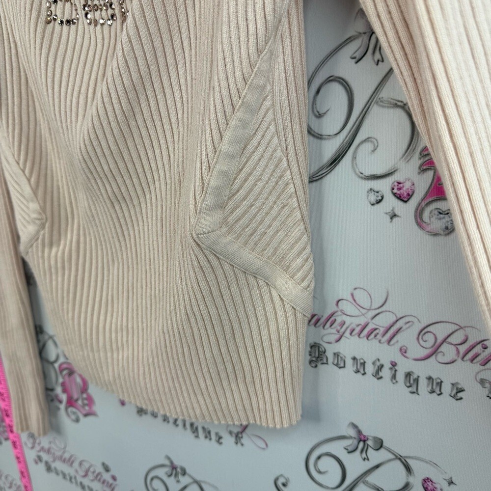 bebe long sleeve Swarovski Beige Ribbed Open cut out front Long Sleeve Top - Picture 7 of 13